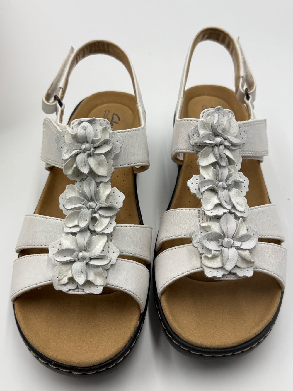 Clarks White Floral Leather Wedge Sandals with Black Sole